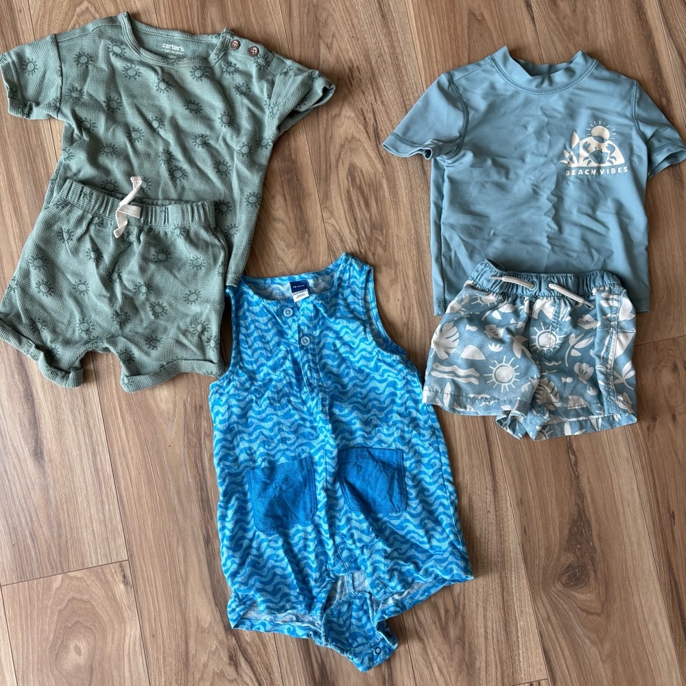 Mixed Baby Summer Outfit Lot - Green & Blue Rompers with Rash Guard